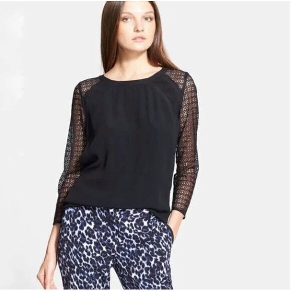 Rebecca Taylor Lace Sleeve Draped Keyhole Back Blouse Size 8 Silk Staple Work - Picture 1 of 8